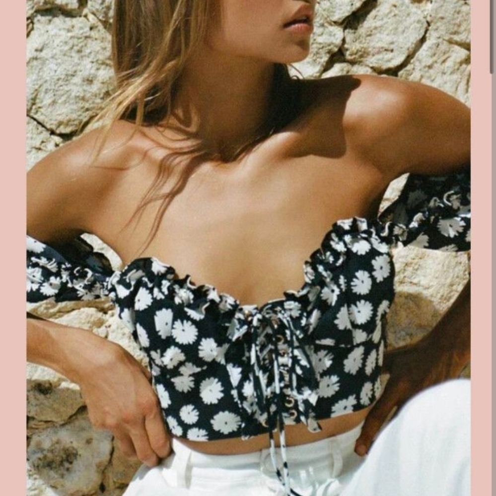 Off-Shoulder Black & White Floral Crop Top